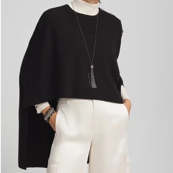Chicos $120 Small/Medium Black Crew Neck Button Shoulder High-Low Sweater Poncho - Picture 1 of 14